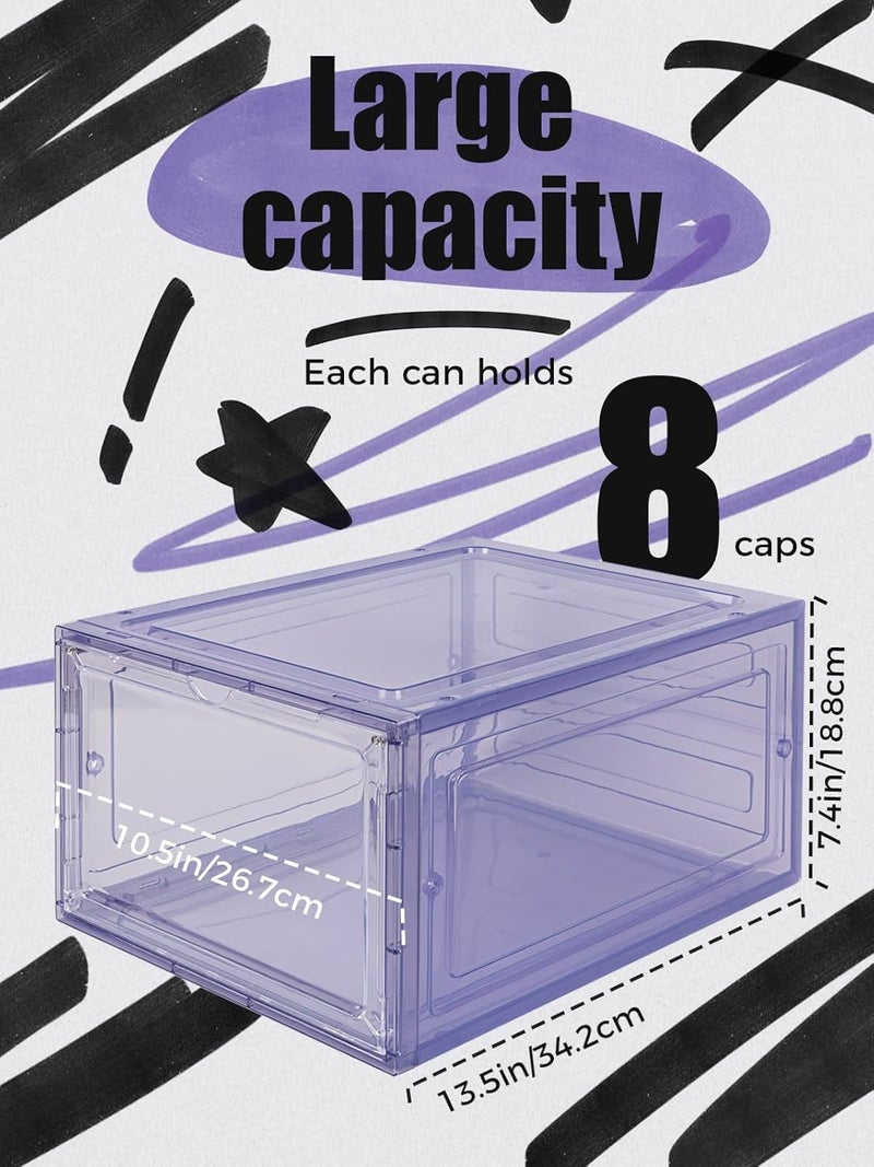 SCAVATA 6 Pack Hat Organizer Box, Stackable Clear Baseball Caps Holder Box Containers with Magnetic Door for Hats Snapback Cap Storag, Hat Rack Display Case, Holds 8 Hats Each (Purple) - Image 2